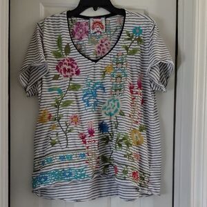 Johnny Was Striped V-Neck Tee with Multicolor Floral Embroidery